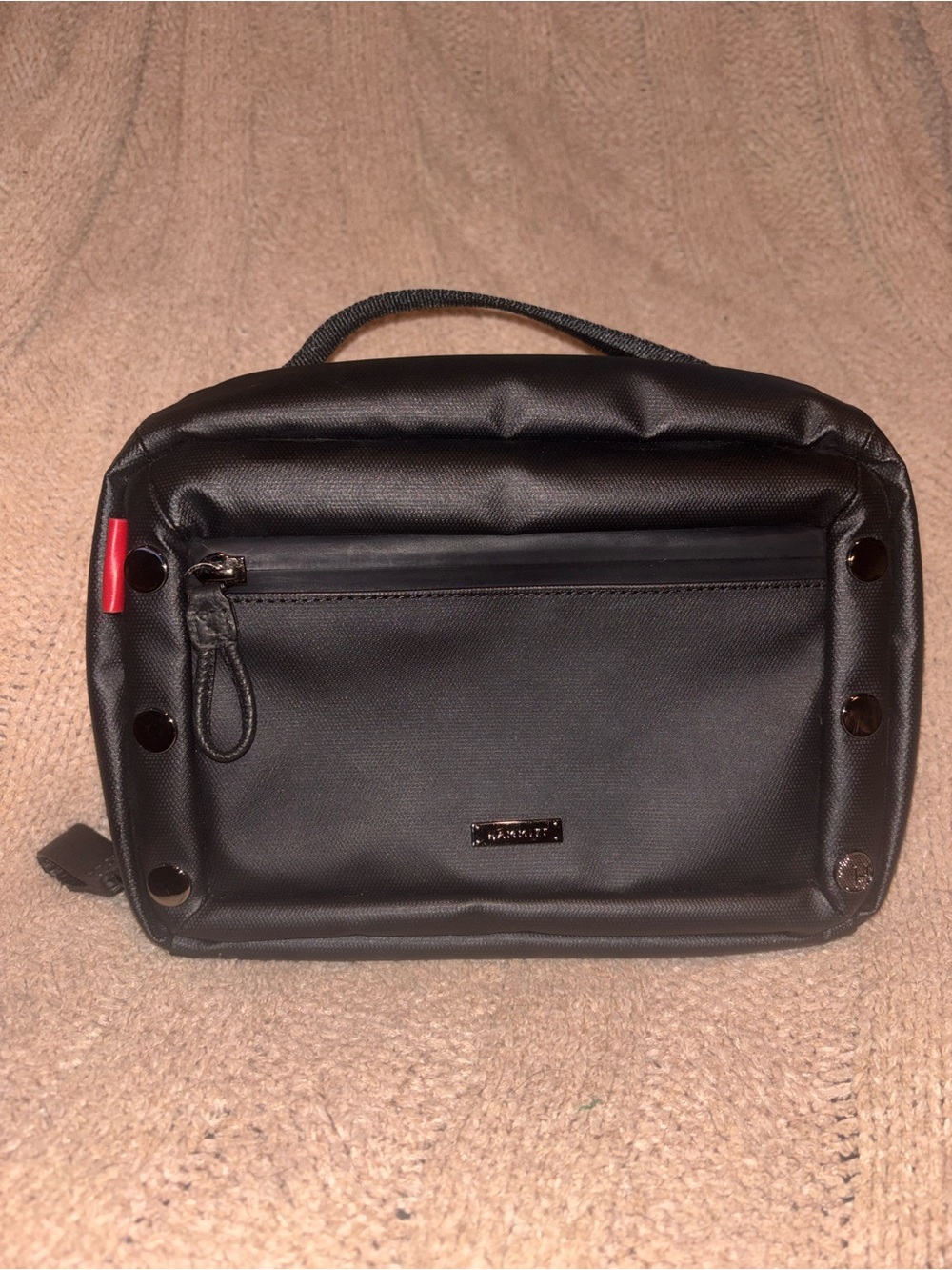 Hammitt Del Mar Dopp Kit Black Gunmetal Red Lining Travel Toiletry Bag